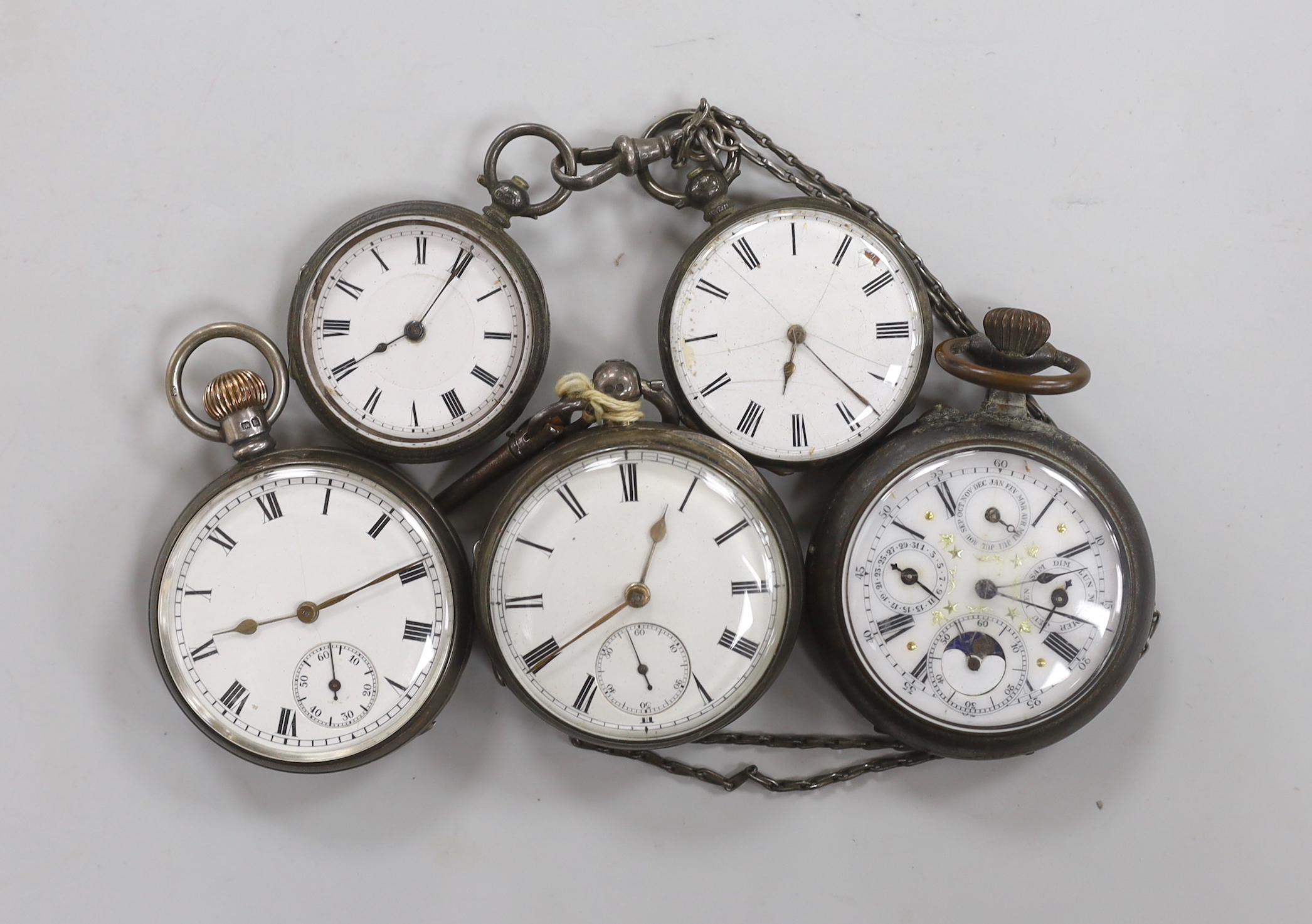 Two silver open faced pocket watches, a silver fob watch, a white metal fob watch and a gun metal pocket watch.